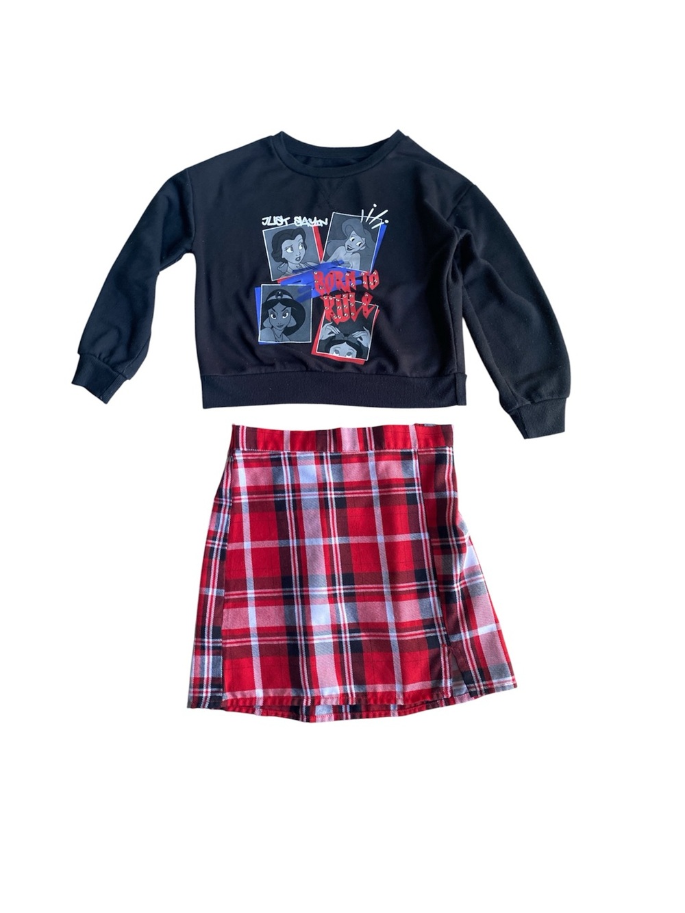 Disney Princess Black Top Plaid Skirt with White Princess Born to Rule 6x Set